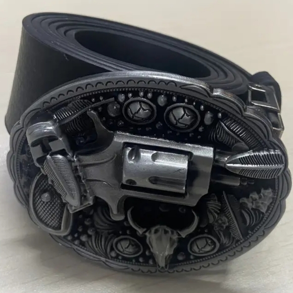 Western faux revolver pistol theme feathers Longhorn bull belt buckle - Picture 2 of 4